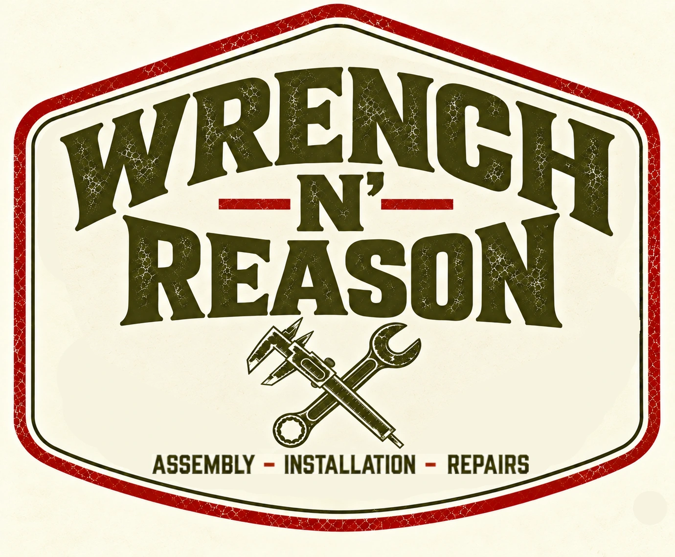 Wrench N’ Reason vintage olive-drab and rust-red badge logo